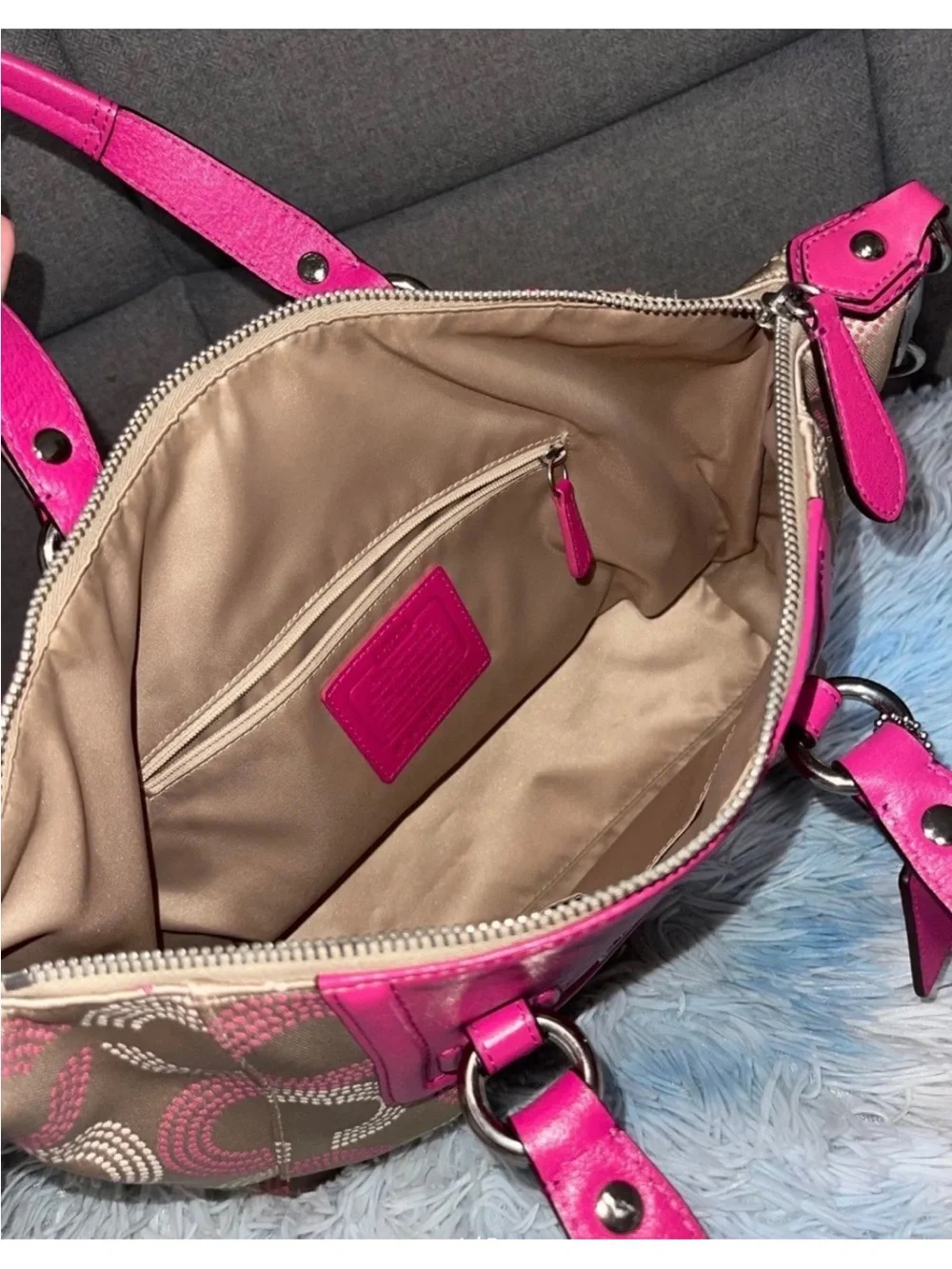Coach Ashley Beige Signature Satchel with Hot Pink Leather Trim